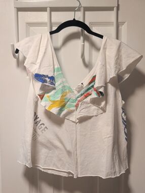 White Flutter Sleeve V-Neck Top with Multicolor Print